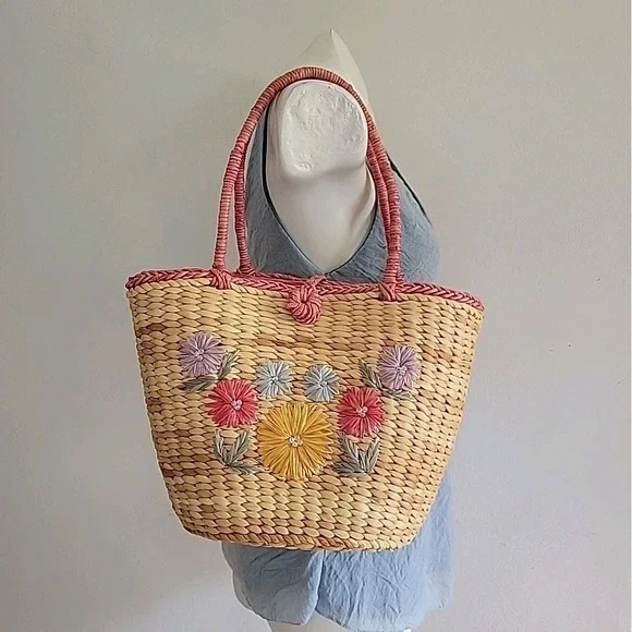 Vintage Handmade Floral Embroidered Straw Tote Bag Beach Mod Resort Retro - Picture 2 of 16